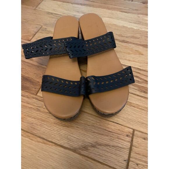 Unbranded, women's slip on black strappy, open toed tan wedges size 41 - Picture 1 of 7